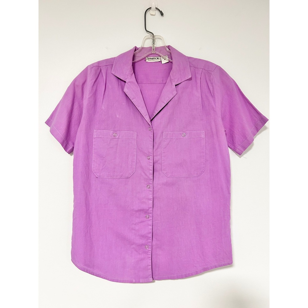 Animations Vintage Purple Cotton Snap Front‎ Short Sleeve Camp Shirt Womens M